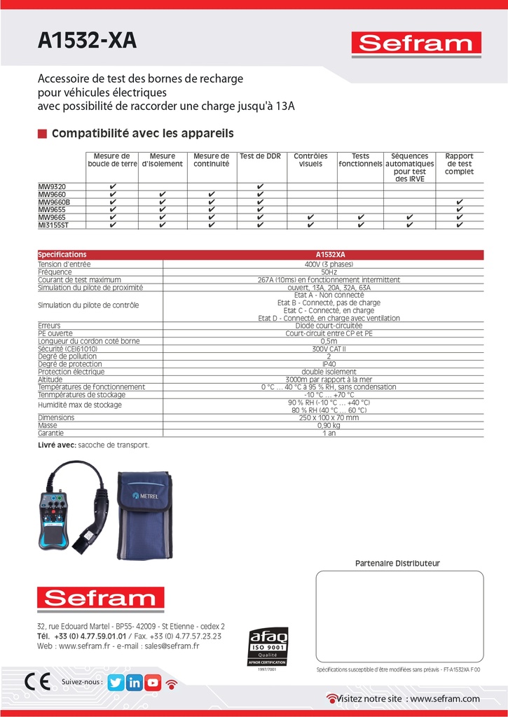 SEFRAM A1532XA Testeur de bornes de recharge pour véhicules électriques avec charge max 13A