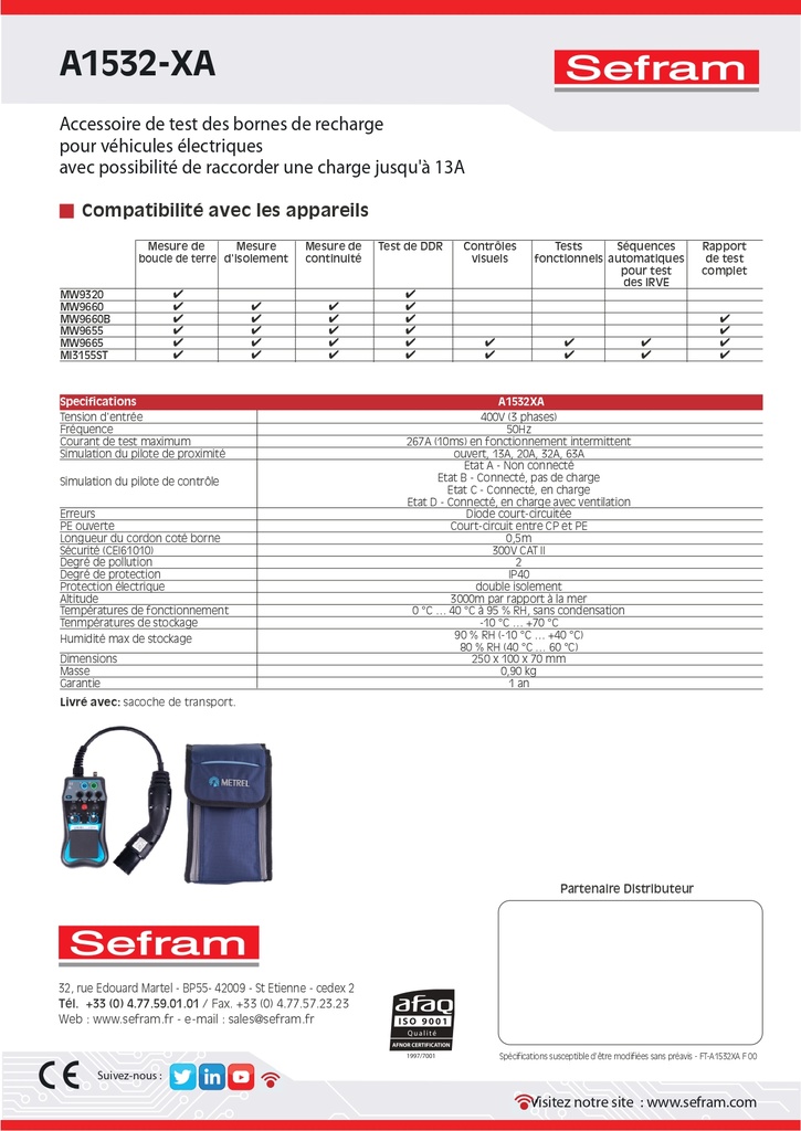 Sefram - Modèle A1532, Testeur pour bornes de charge des véhicules  électriques